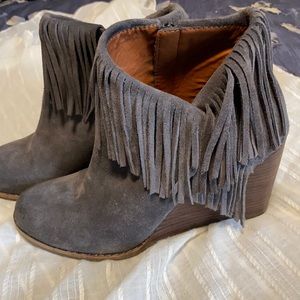 Gray fringe wedge booties
